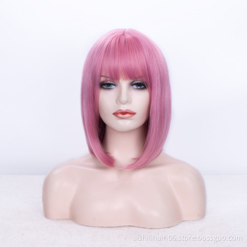 whosale cheap bob natural synthetic hair wigs for women hot sale pink color wig